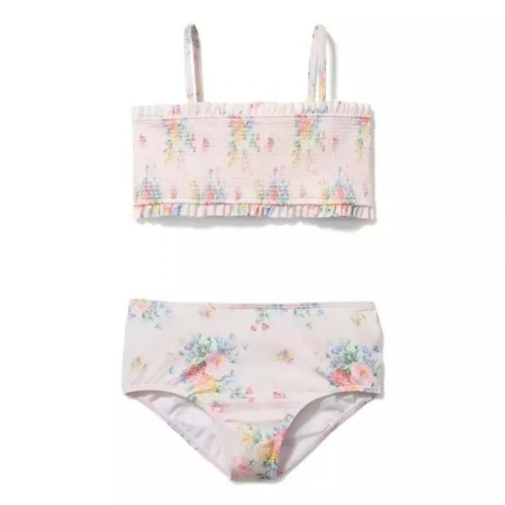 Janie & Jack FLORAL SMOCKED 2-PIECE Girls SWIMSUIT pink 16